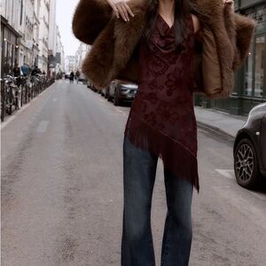 NWT Zara Fringed Burgundy Velvet Top